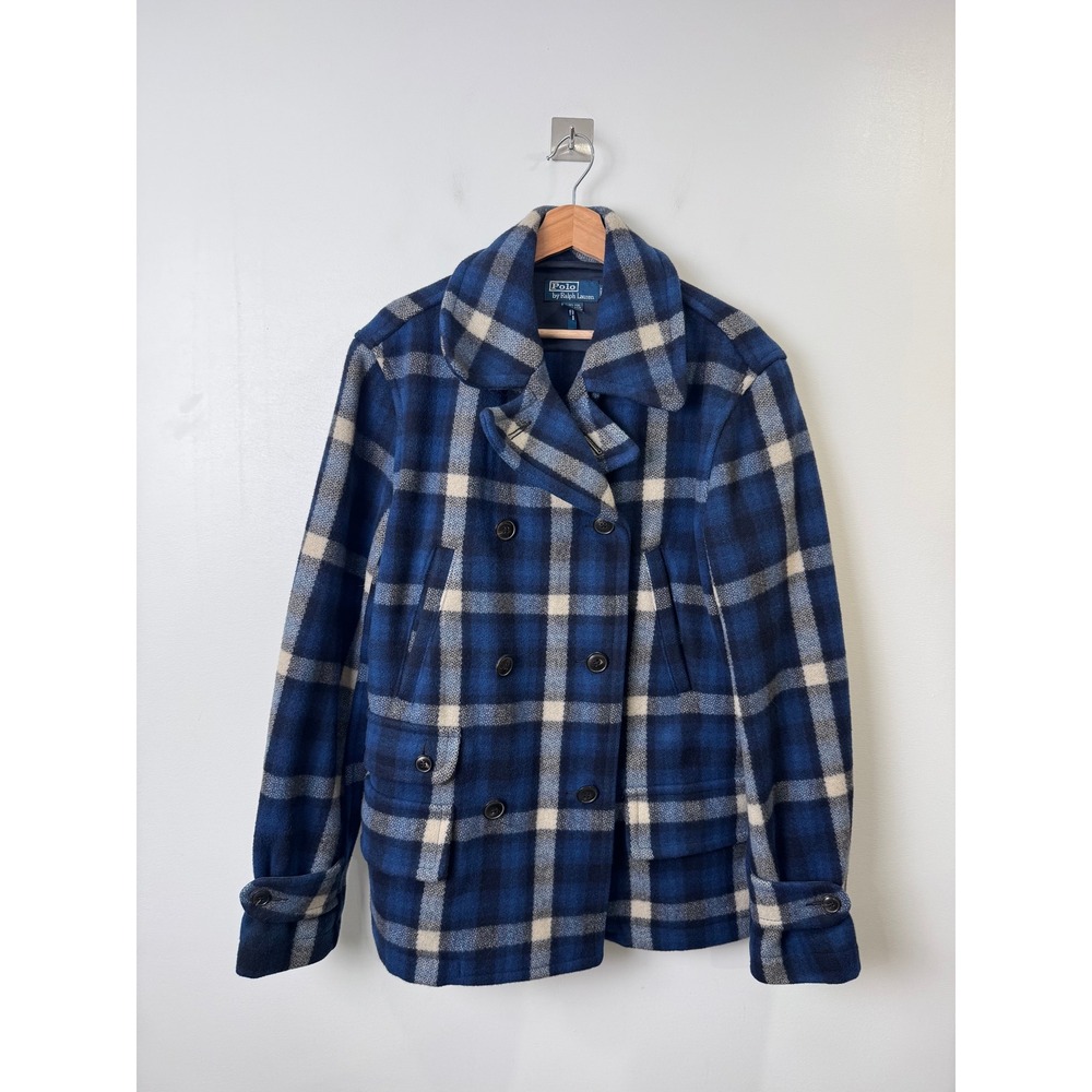 Polo Ralph Lauren Men Blue Plaid Wool Blend Pea Coat Jacket Medium